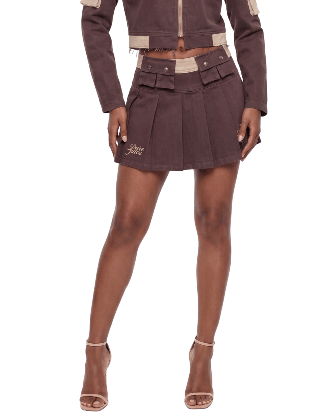 Mocha Brown Denim Compass Pleated Skirt - Made to order