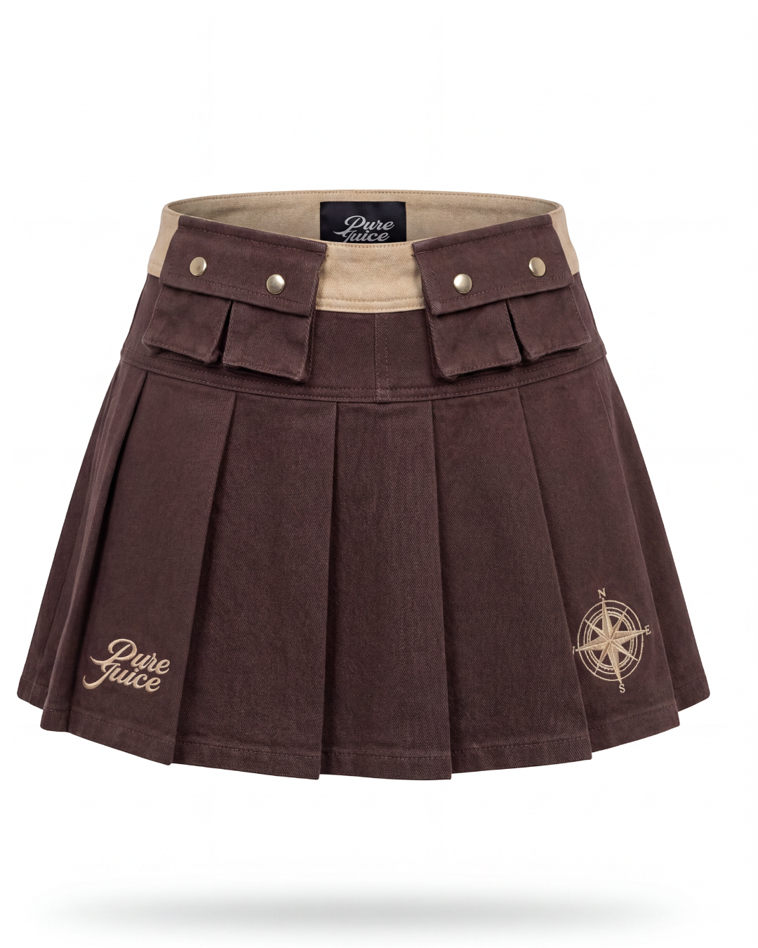 Mocha Brown Denim Compass Pleated Skirt - Made to order