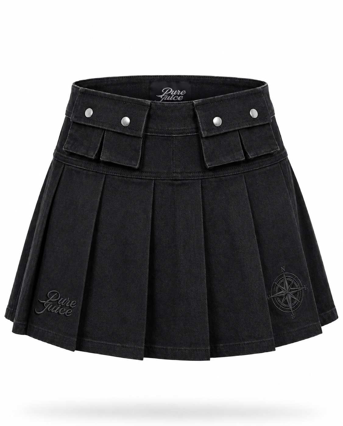Black Denim Compass Pleated Skirt - Made to order