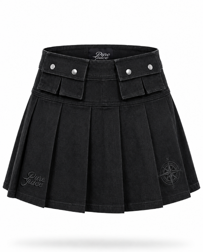 Black Denim Compass Pleated Skirt - Made to order