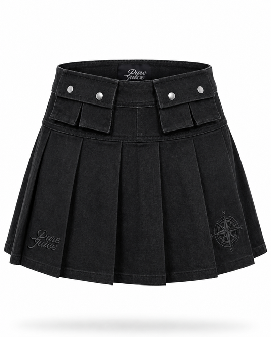 Black Denim Compass Pleated Skirt - Made to order