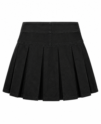 Black Denim Compass Pleated Skirt - Made to order
