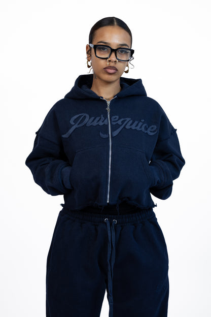 Navy Wash Pure Compass Crop Zip Hoodie