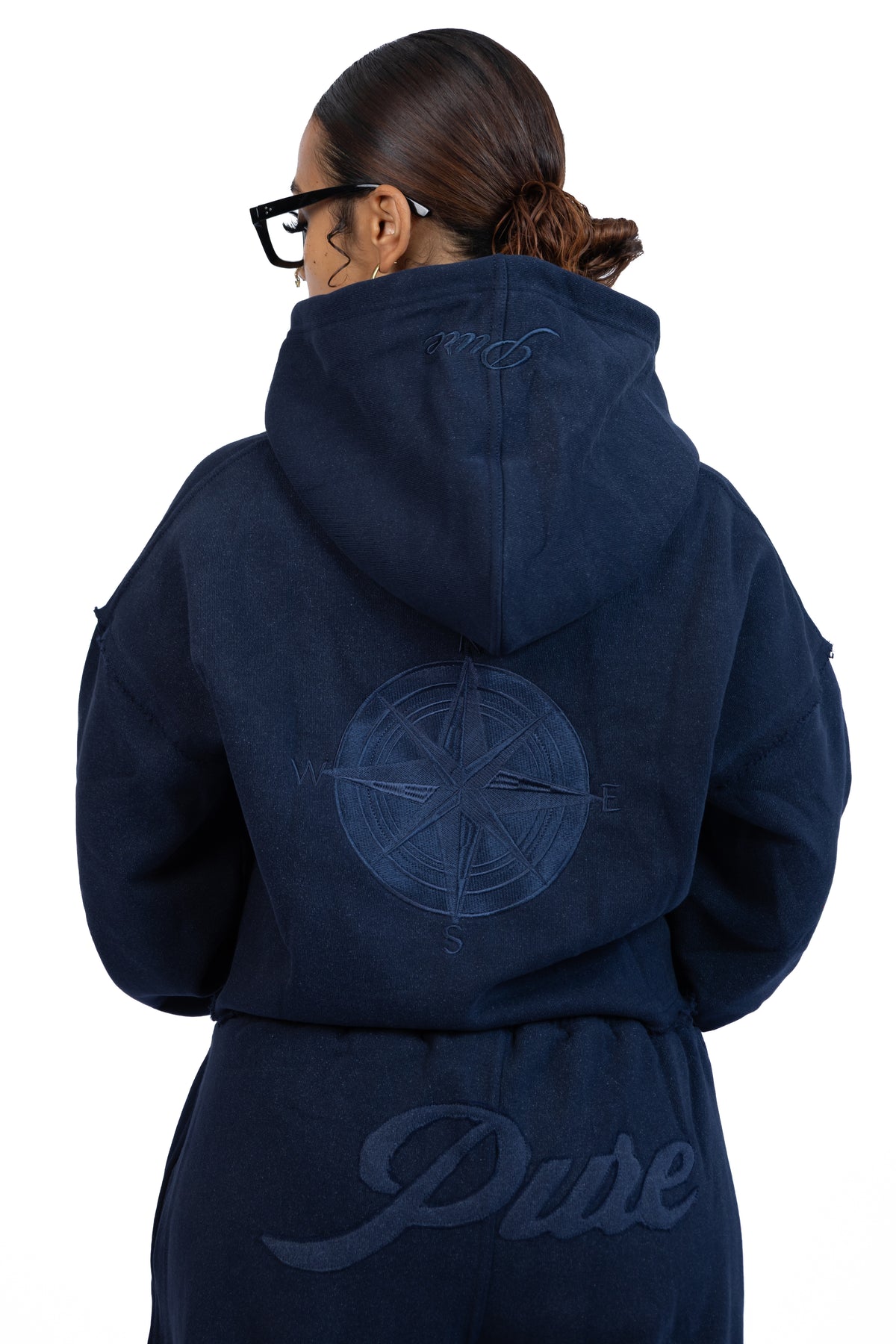Navy Wash Pure Compass Crop Zip Hoodie
