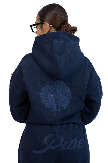 Navy Wash Pure Compass Crop Zip Hoodie