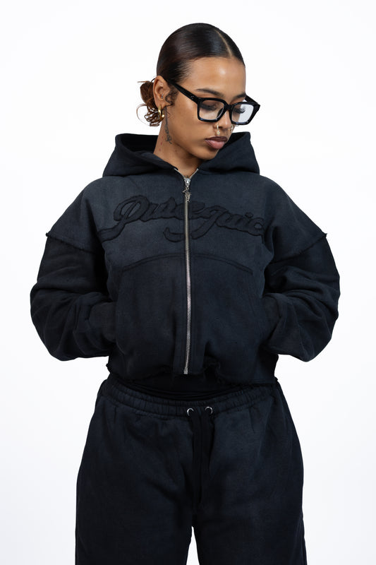 Black Wash Pure Compass Crop Zip Hoodie