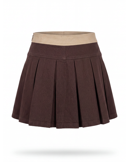 Mocha Brown Denim Compass Pleated Skirt - Made to order